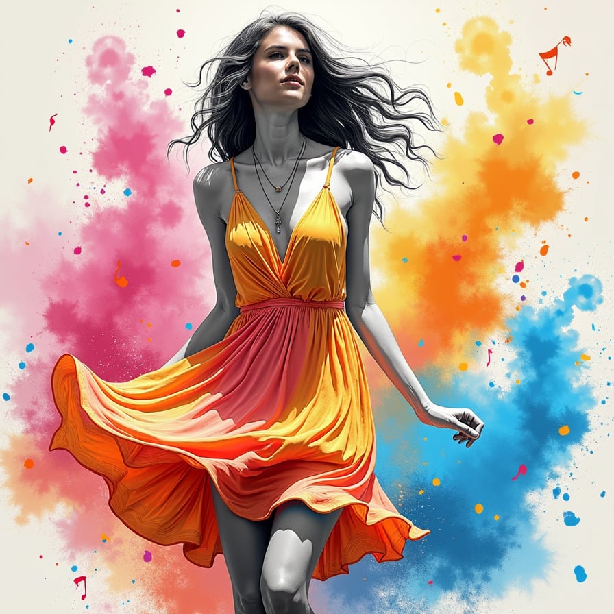 A vibrant sketch of a young woman dancing at a lively festival, her dress swirling around her as she moves to the rhythm of the music. The sketch is filled with splashes of bright colors—pink, orange, blue, and yellow—representing the energy and celebration in the air. Her expression is joyful, her hair flowing wildly in the wind, with abstract patterns and colorful smoke filling the background.