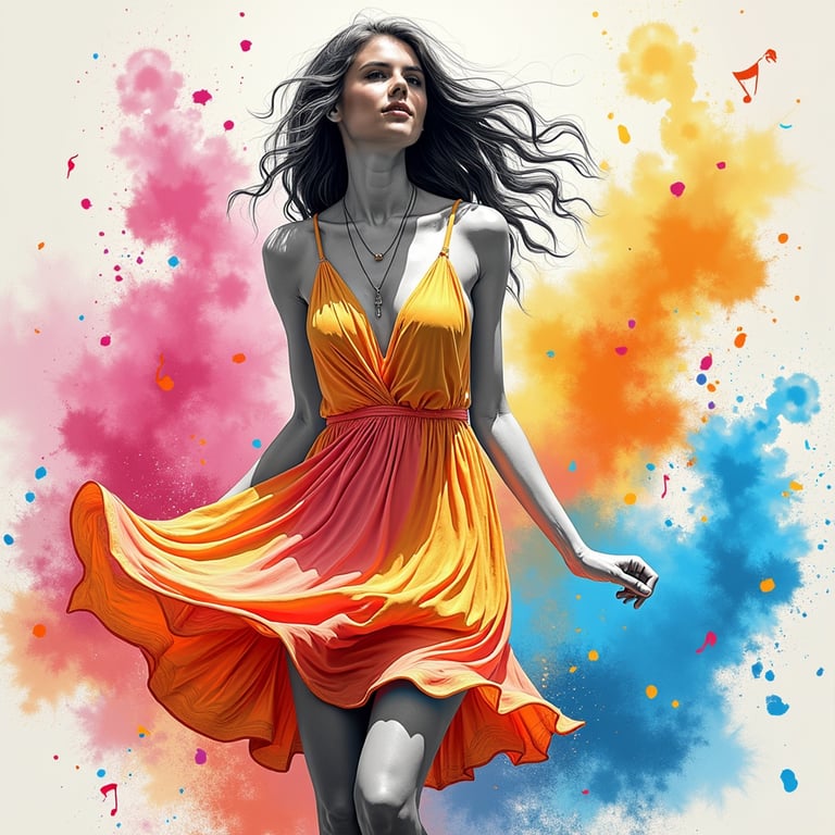 A vibrant sketch of a young woman dancing at a lively festival, her dress swirli