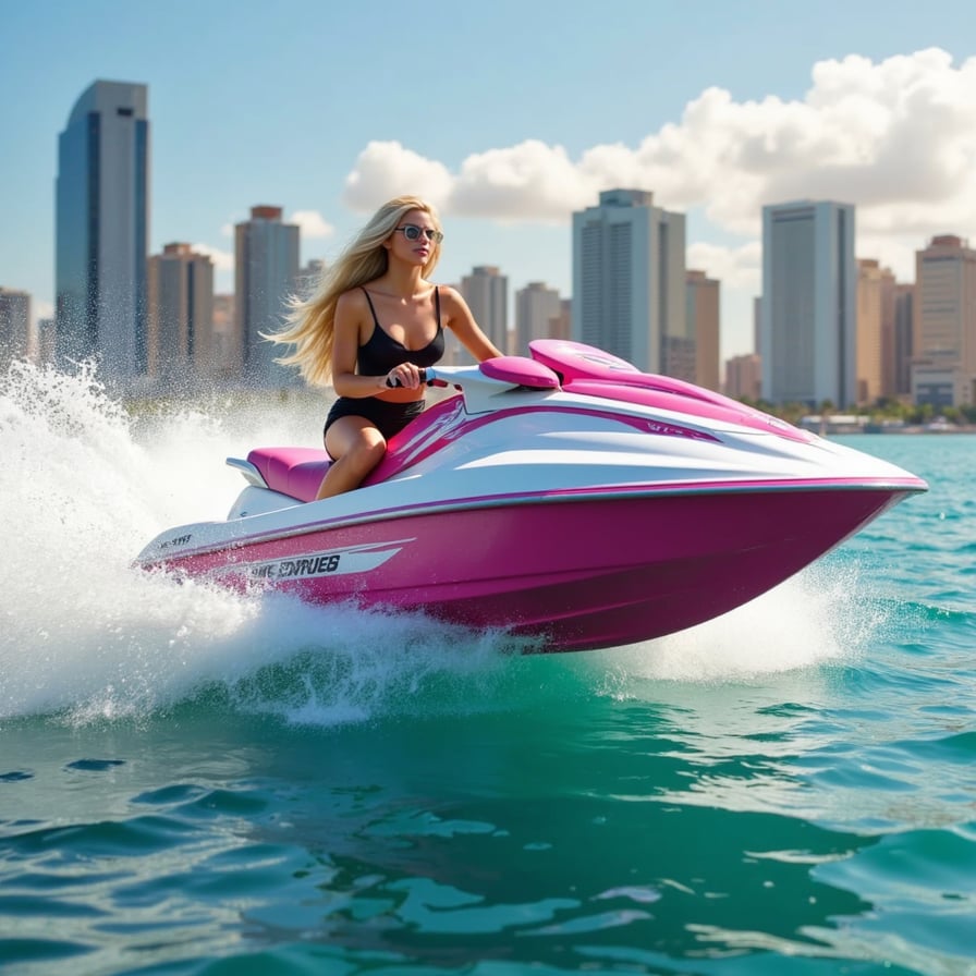 A high-action scene featuring a character on a jetski slicing through turquoise waters. Stylized water splashes arc into the air with cinematic clarity, while reflective highlights shimmer across the wet surface. Every droplet is rendered in motion, with dynamic lighting capturing the force and fluidity of high-speed movement. Inspired by Rockstar Games — Vice City style.