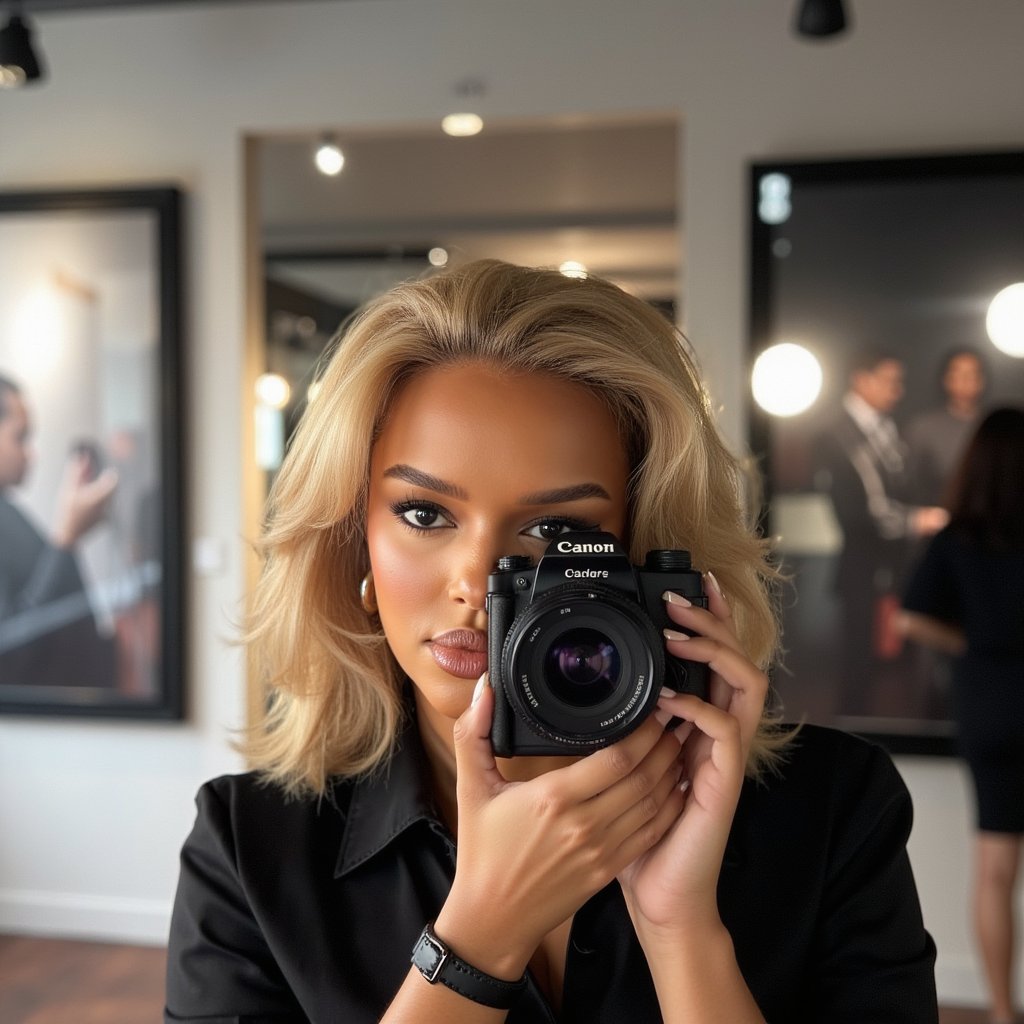 Bold close-up of a female photographer adjusting her lens, eyes focused, monochrome outfit, dramatic lighting setup, honoring World Photography Day creators