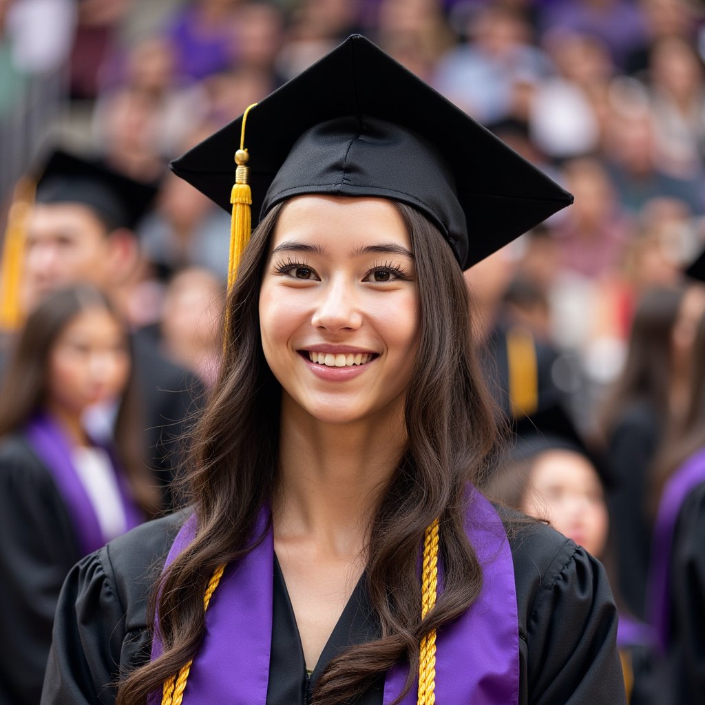Waist-up portrait of a woman graduate smiling proudly while facing the camera, with blurred classmates in gowns in the background forming subtle color bokeh; she wears a black gown, deep purple stole, and honor cords (gold); soft curled hair falling over one shoulder, mortarboard slightly tilted; camera slightly above eye line, 105 mm lens, f/1.8; soft natural lighting, overcast daylight providing even illumination; shallow depth isolates her face; background softly colorful but uncluttered; fine details: woven cord texture, stitching along stole hem, lashes and reflections in the eyes; tone balanced, lifelike color, highly detailed, highly realistic, HDR finish.