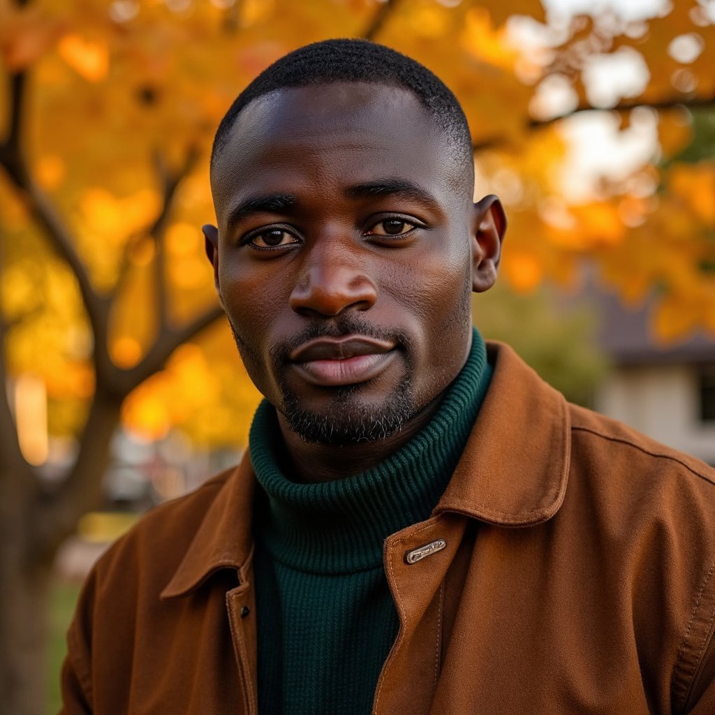 Hyperrealistic, highly detailed, HDR close-up portrait of a man (male, ~29 yrs) standing outdoors during golden hour. Camera head-and-shoulders, eye-level. He wears a brown suede jacket over a dark forest-green shirt; light wind slightly moves his short, textured hair. Warm sunlight filters through amber leaves behind, producing a glowing rim light along his shoulders. The background fades into creamy bokeh of gold and burnt-orange tones. His expression calm, faint smile lines around his mouth, eyes softly squinting from light. Fine beard stubble, natural skin tone, suede texture visible in lifelike detail. HDR, high resolution, high quality, highly detailed, photorealistic.