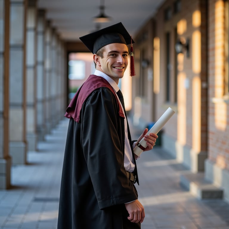 Waist-up composition of a man graduate walking slowly down a university hallway,