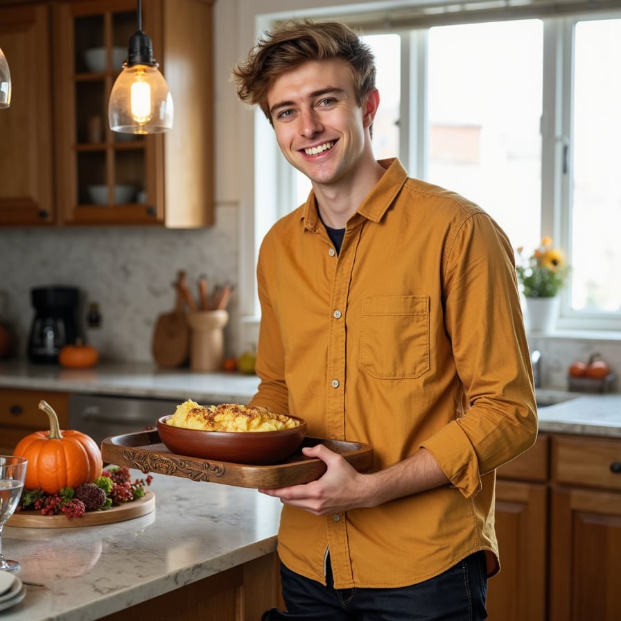 Highly realistic, highly detailed HDR image of a young Asian man (male, ~32 yrs) standing at a home kitchen island, waist-up, camera at slight side angle (~30°) from his left. He is wearing a mustard-yellow button-down flannel shirt with rolled-up sleeves and dark jeans (just barely visible), sleeves pushed up to forearms; his hair is dark brown, short on sides, slightly tousled top. Kitchen lighting: warm overhead pendant lights plus ambient daylight from a window behind the camera; soft highlights on his face and shirt. He is holding a carved-wood serving tray filled with mashed-potatoes-and-gravy bowl, slightly tilting forward as though offering it to someone. Facial detail: bright smile, teeth visible, light stubble, natural skin texture, warm brown eyes. Background: shallow depth of field blurs kitchen cabinets, a decorative pumpkin and autumn garland on the countertop behind; minimal clutter — a single glass of water and a linen napkin. Shirt fabric texture visible: flannel weave, rolled sleeves show wear. The image conveys friendly host, inviting Thanksgiving warmth.