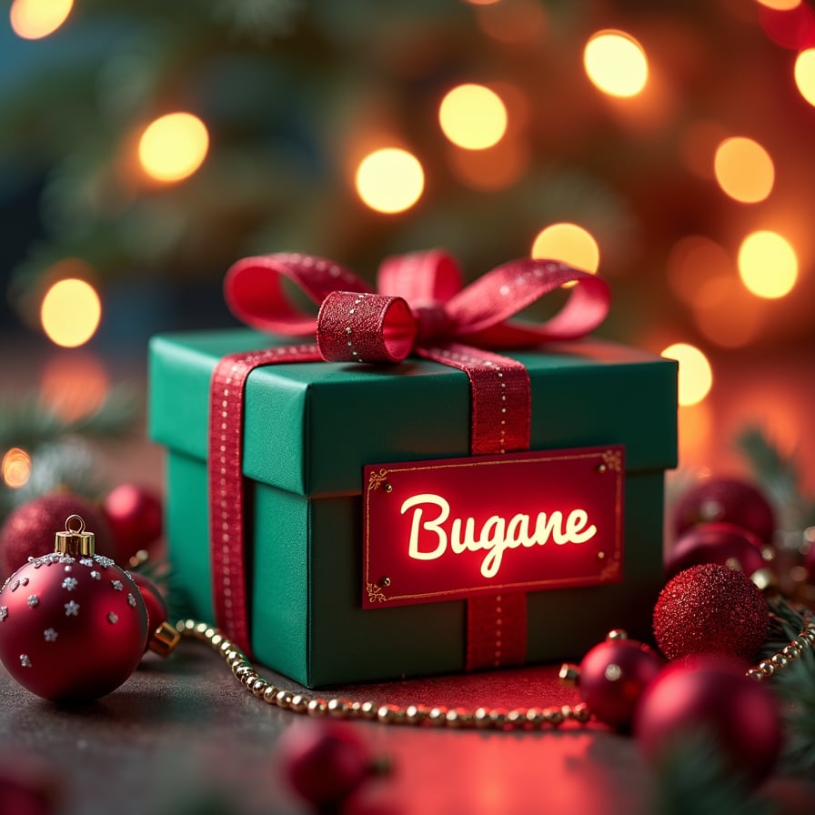 A vibrant Black Friday ad featuring a personalized gift box with a glowing name tag, surrounded by festive decorations like ribbons, ornaments, and fairy lights, set against a cozy holiday background