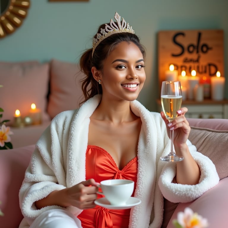 Capture a relaxed moment in a robe with a face mask on, holding a cup of tea or 