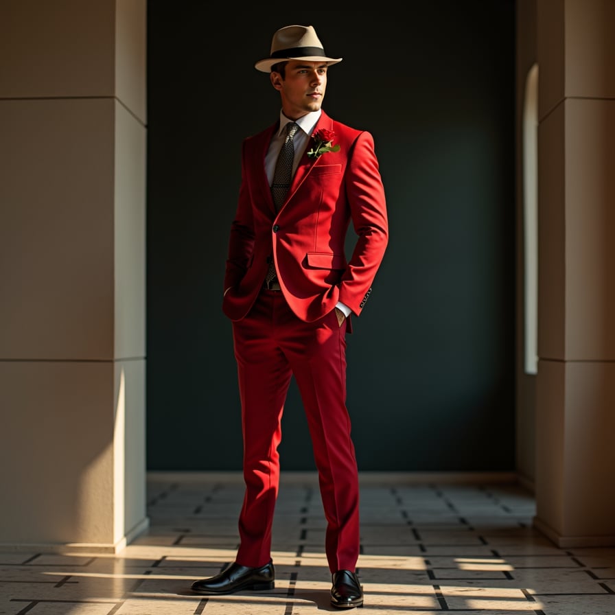 man dressed in a tailored, classic Godfather-inspired suit, wearing a fedora hat, adorned with a small, elegant red rose in his square pocket, standing against a dark, mysterious background with a grid-patterned floor, exuding an aura of sophistication and power.