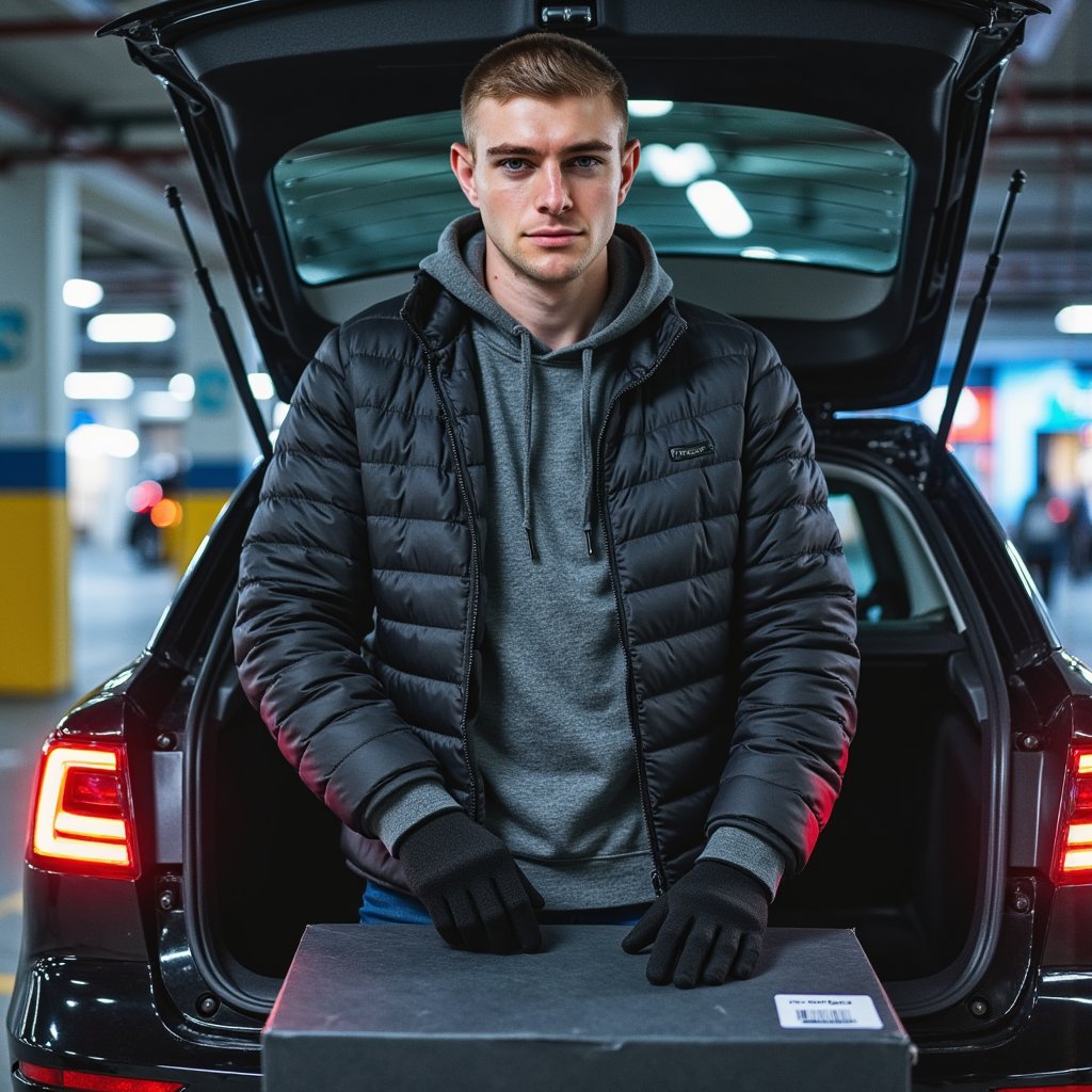 A man (male) waist-up at an open trunk in a dim parking garage, hands resting on a matte black shipping box with a discrete barcode label. Hairstyle: close buzz cut; grooming: clean stubble. Attire: charcoal ripstop tech hoodie under a black quilted puffer with micro-ripples; fingerless knit gloves. Pose: square to camera, steady gaze, slight forward lean; still. Camera: 35mm, f/2, slight low angle for presence. Lighting: moody cyan key gel from camera left, magenta rim from tail lights right, subtle ambient sodium overhead; crisp catchlight on eyes. Background: soft bokeh brake lights and concrete pillars, painted directional arrows; minimal clutter. Texture detail: ripstop grid, zipper teeth, quilt baffles, corrugated box edges. Highly detailed, highly realistic, HDR, high resolution.