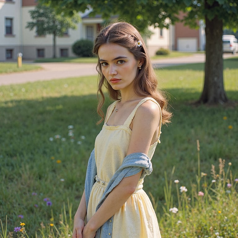 Ultra-realistic 1960s senior girl portrait taken outdoors in a meadow near the s