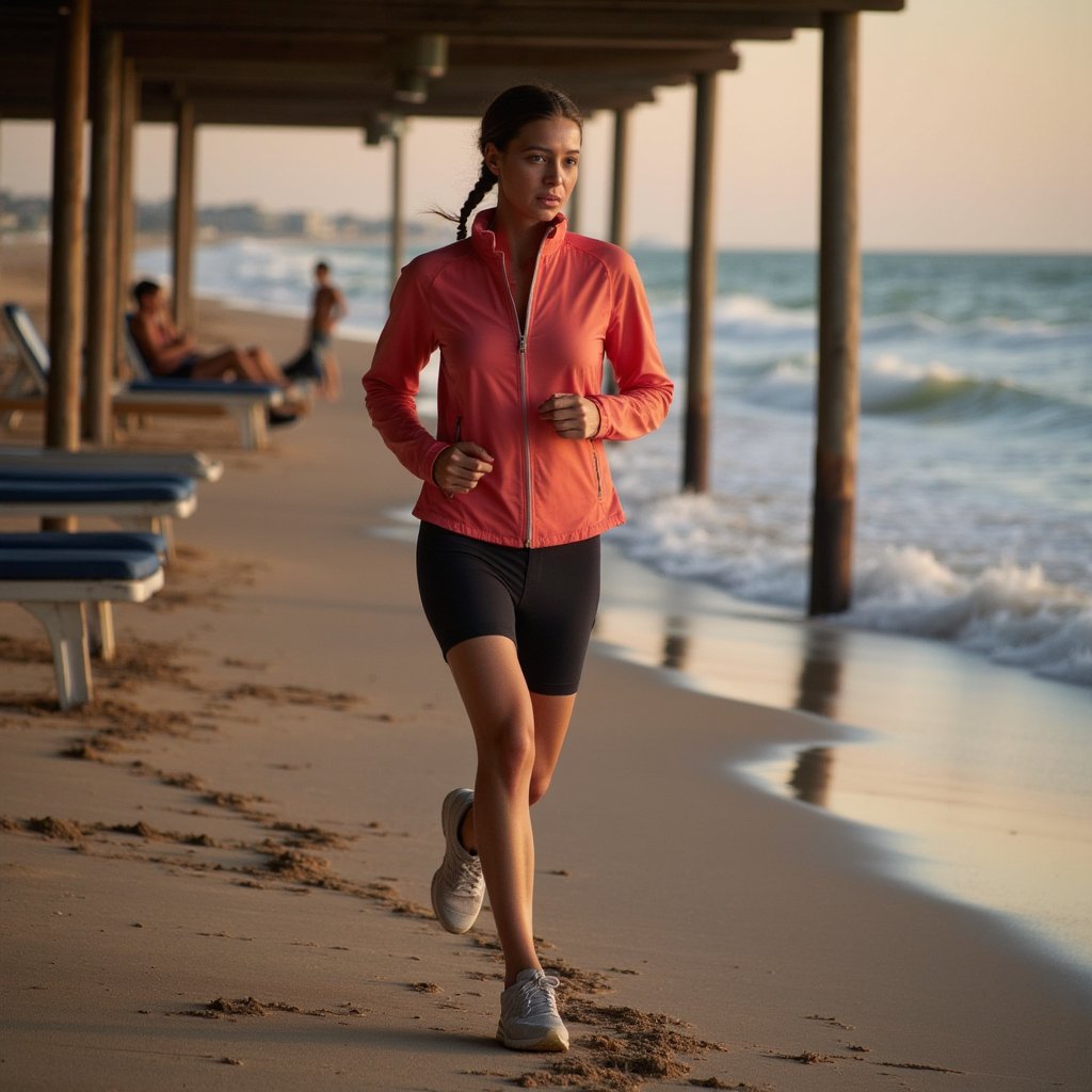 Woman sprinting along compact sand near the shoreline at golden hour; braided ponytail swept back, determined gaze; lightweight coral windbreaker (matte ripstop micro-creases), black compression shorts, knit mesh running shoes; side-on composition at hip height, 85mm, f/2.8, 1/1600, ISO 200 to freeze stride; warm backlight from low sun creating rim along arms and calves, sky fill cooling shadows; background: gentle waves and horizon rendered with soft blur, minimal clutter; visible details: zipper pulls, reflective piping, shoe tread sandy dusting, fine facial pores; highly detailed, highly realistic, HDR