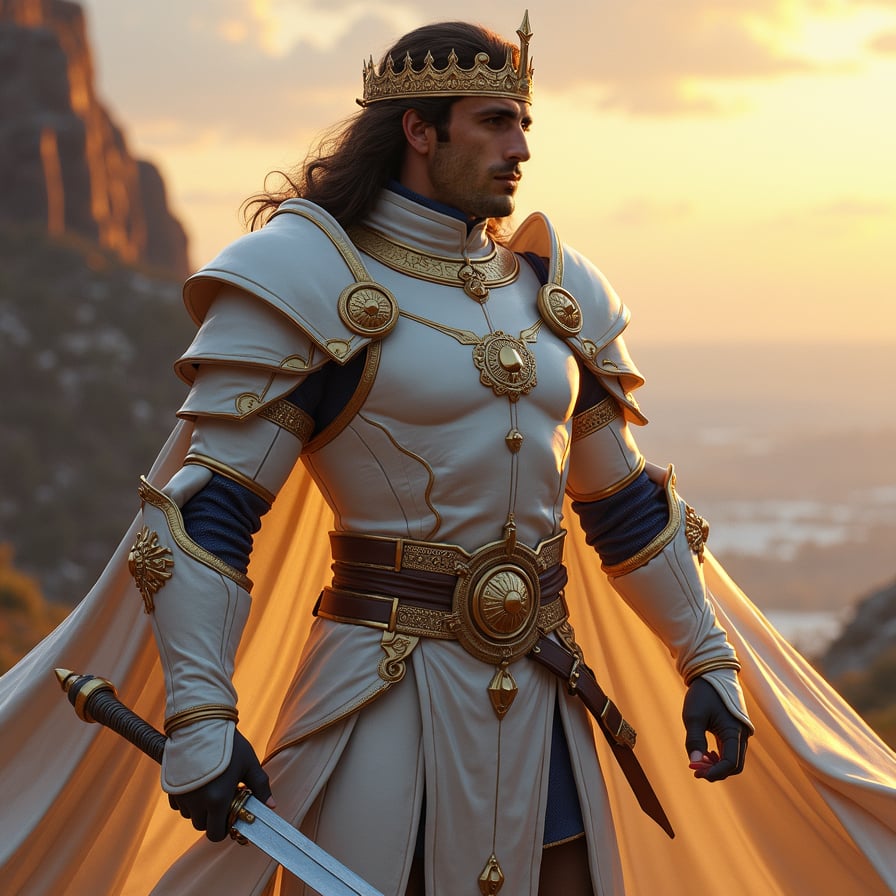 Paladin in white armor, golden hour, fantasy landscape.