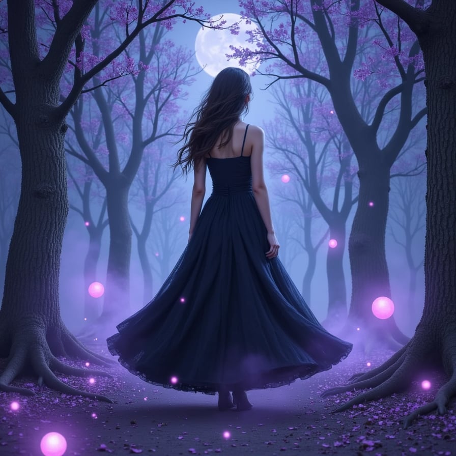 witch with flowing black dress, surrounded by glowing orbs of soft blue and purple hues, amidst a whimsical enchanted forest with twinkling fireflies, misty purple fog rolling over the forest floor, illuminated by the soft, silver glow of moonlight, with a Ghibli-inspired color palette of earthy tones and muted pastels.