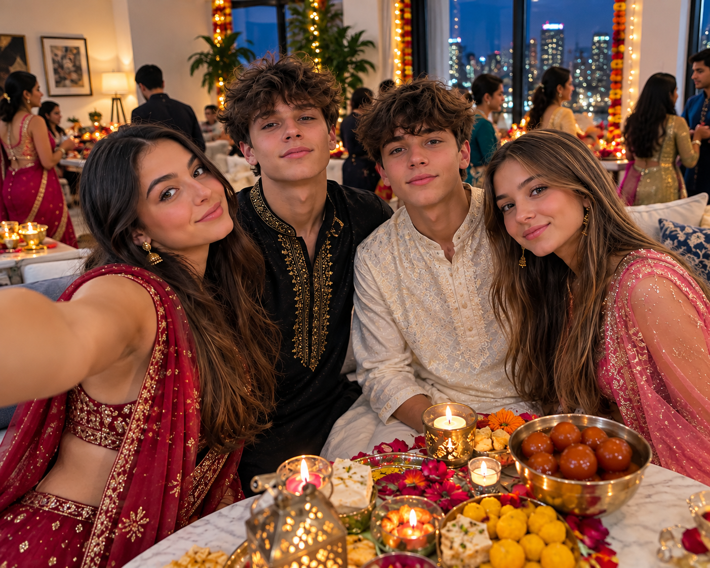 AI Diwali party photo of four friends laughing around a table of sweets and diyas
