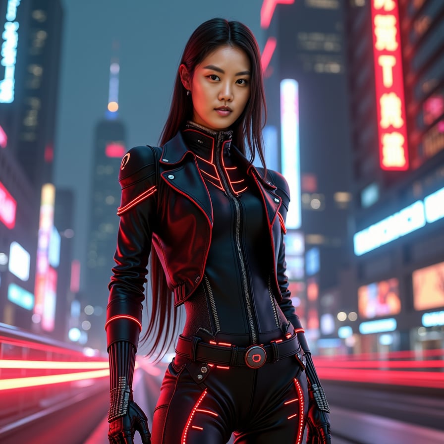 woman in futuristic cyborg costume with metallic limbs, glowing red circuits, and sleek black leather jacket, confident pose, urban cityscape at night, neon lights reflecting off metallic body, towering skyscrapers and flying cars in background with blurred motion trails, vibrant city lights.
