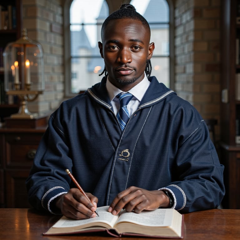 Ultra-detailed HDR seated portrait of a 17-year-old male Hogwarts student with l