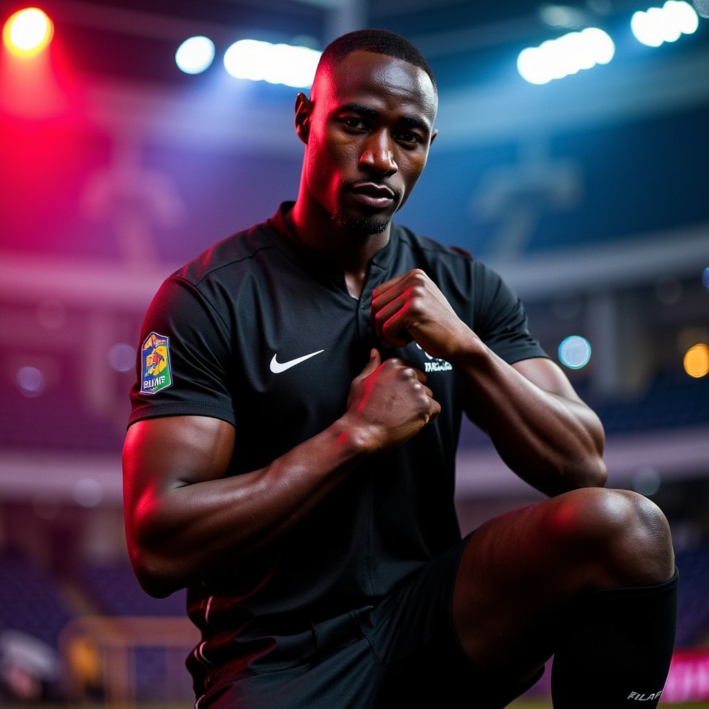Knee-up portrait of a digital footballer gripping their jersey at the chest, intense stare into camera, dramatic stadium lighting, EA SPORTS FC 26 game cover style
