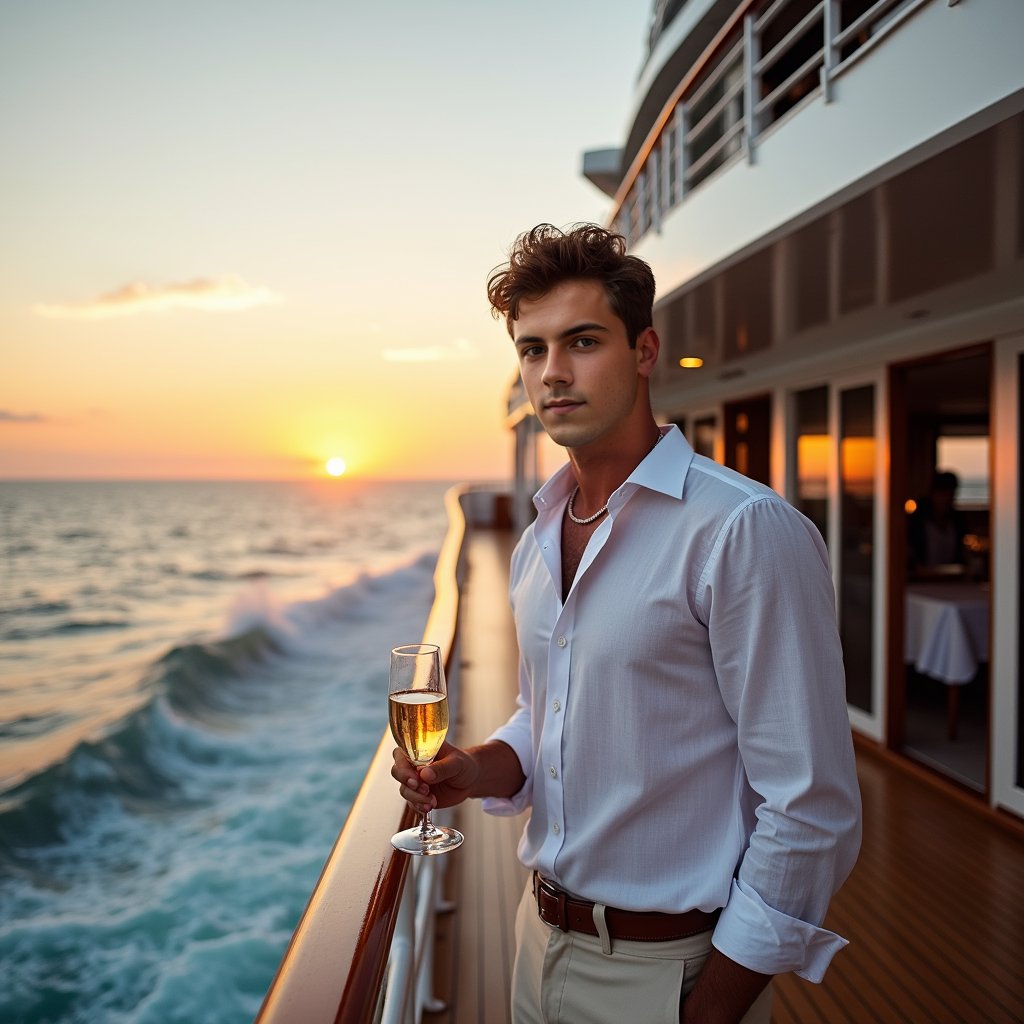 Linen-clad man on cruise, champagne, sunset, relaxed vibes.