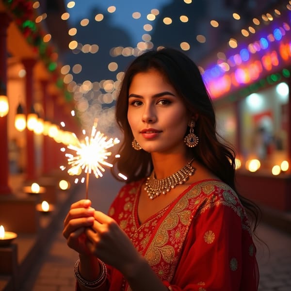 woman with a radiant smile, holding a sparkler, surrounded by twinkling lights and vibrant diyas, wearing a traditional Indian outfit, adorned with intricate jewelry, against a warm and festive Diwali night backdrop, with a soft glow of lanterns and candles, capturing the joy and magic of the festival of lights.