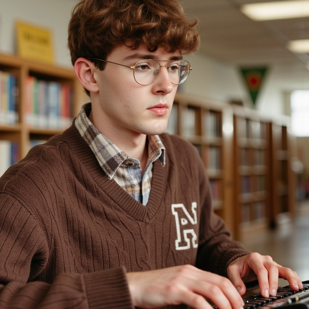 1960s yearbook image of a high school student typing in a library, framed waist-up from the side. Subject wears a brown V-neck sweater in tight cable-knit wool over a muted plaid shirt, the stiff cotton collar peeking out with one button undone. The sweater reveals subtle pilling and wool fuzz along the edges of the sleeves. His face, focused and slightly furrowed, shows visible peach fuzz on the jawline, a light mole near the left cheek, and slight acne scarring under natural light. Hands rest on a manual typewriter, fingers curled mid-action, keys slightly shiny from use. Hair is trimmed short and combed neatly with defined parting lines. Glasses with thin gold wire rims reflect the ambient library light. Background contains rows of oak bookshelves softly blurred; warm tungsten tones emphasize woodgrain and soft shadows across his knuckles. Captured at a 45° angle using a 35mm lens for slight contextual distortion.
