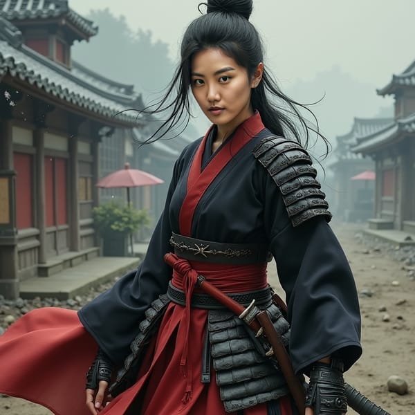 woman in traditional samurai attire, consisting of a hakama and kimono, with a bold, determined expression, sans helmet, posed in a powerful stance, surrounded by a misty, atmospheric background with subtle hints of Japanese architecture.