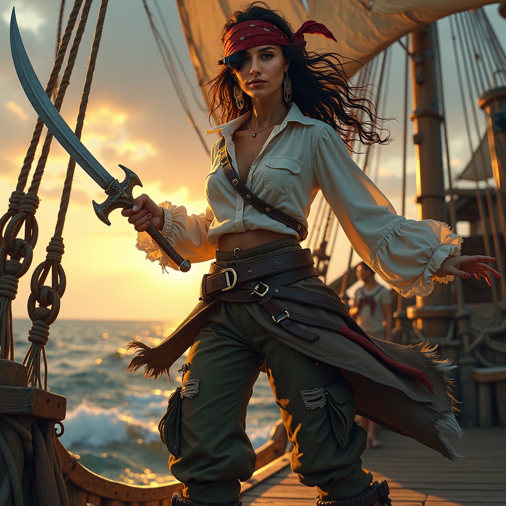 woman wielding a sword in a powerful, dynamic pose, dressed in rugged pirate attire with a flowing white shirt, billowy pants, and a wide leather belt, standing on the deck of a weathered pirate ship with tattered sails and a worn wooden hull, under the warm glow of a sunset with a hint of mist in the background.