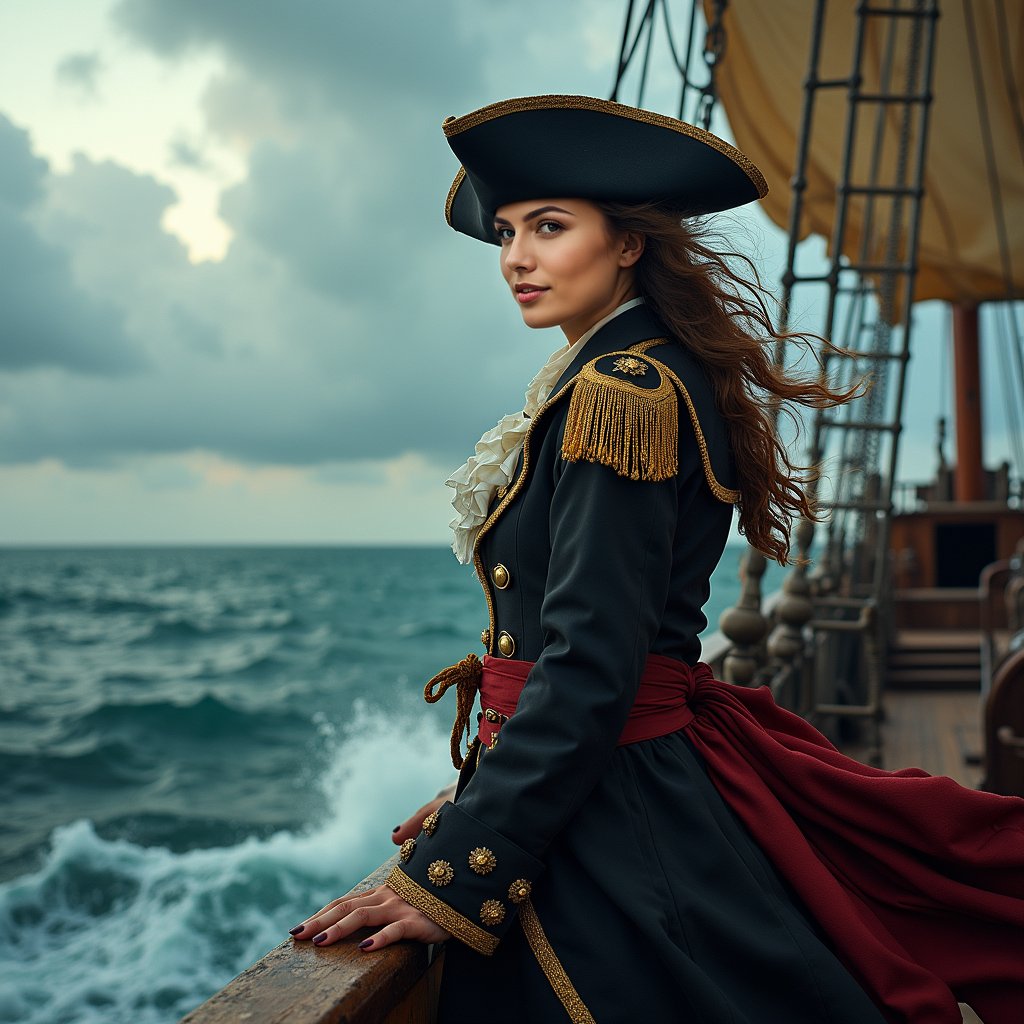 woman in pirate captain attire, adorned with gold epaulets and a tricorn hat, standing on the bow of a weathered pirate ship, gazing out at the turbulent sea with a determined expression, windswept hair and a billowing coat, dramatic stormy clouds and crashing waves in the background.