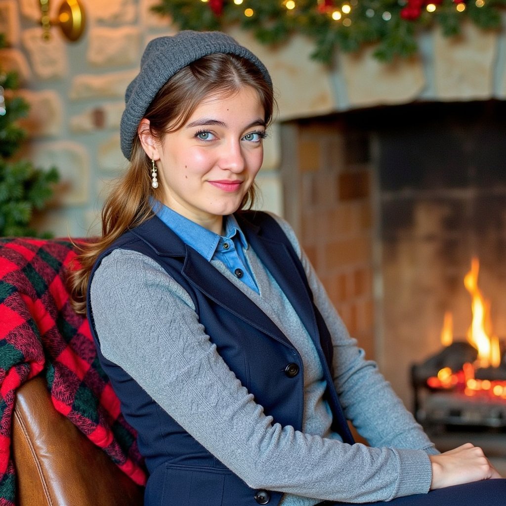 Woman seated near a stone fireplace in an alpine-style lodge; direct gaze, relaxed smile. Hairstyle: loose center-part waves tucked into a ribbed wool beanie. Attire: chunky cable-knit cashmere sweater layered over a collared chambray shirt; quilted vest open. Fabric details: cable depth, cashmere fuzz, chambray weave, matte nylon quilting. Camera: eye-level, 50mm, f/1.8 for strong subject isolation. Lighting: warm fireplace key + cool window fill for dimensional contrast; subtle rim from sconce. Background: blurred plaid stadium blanket on chair, pine boughs with pinecones, weathered leather armchair, minimal clutter. Pose: forearms resting, shoulders cozy. Render: highly detailed, highly realistic, HDR; maintain natural skin texture and detailed knit fidelity.