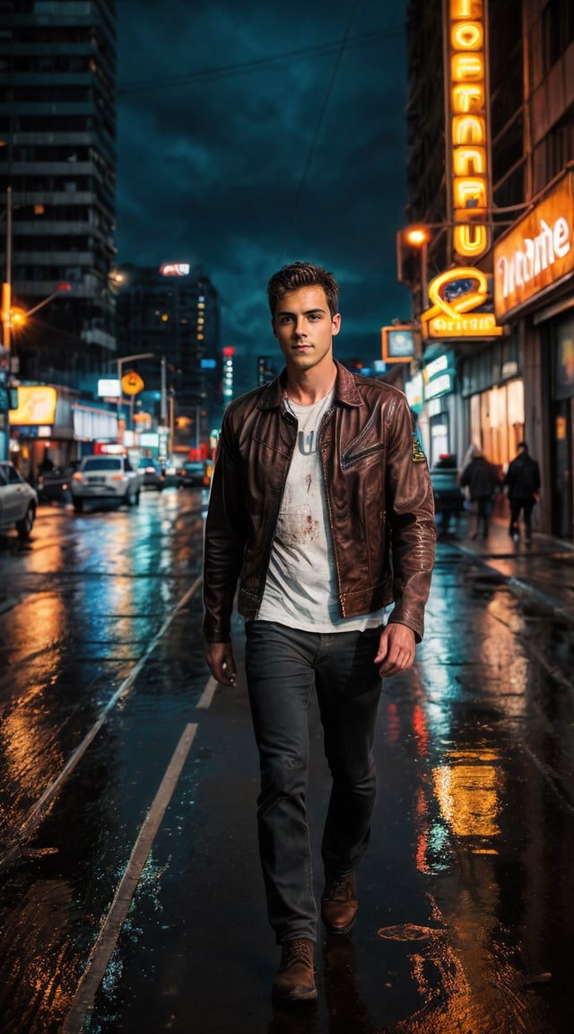 Rugged man, cybernetic implants, neon-lit cyberpunk cityscape, intense gaze.