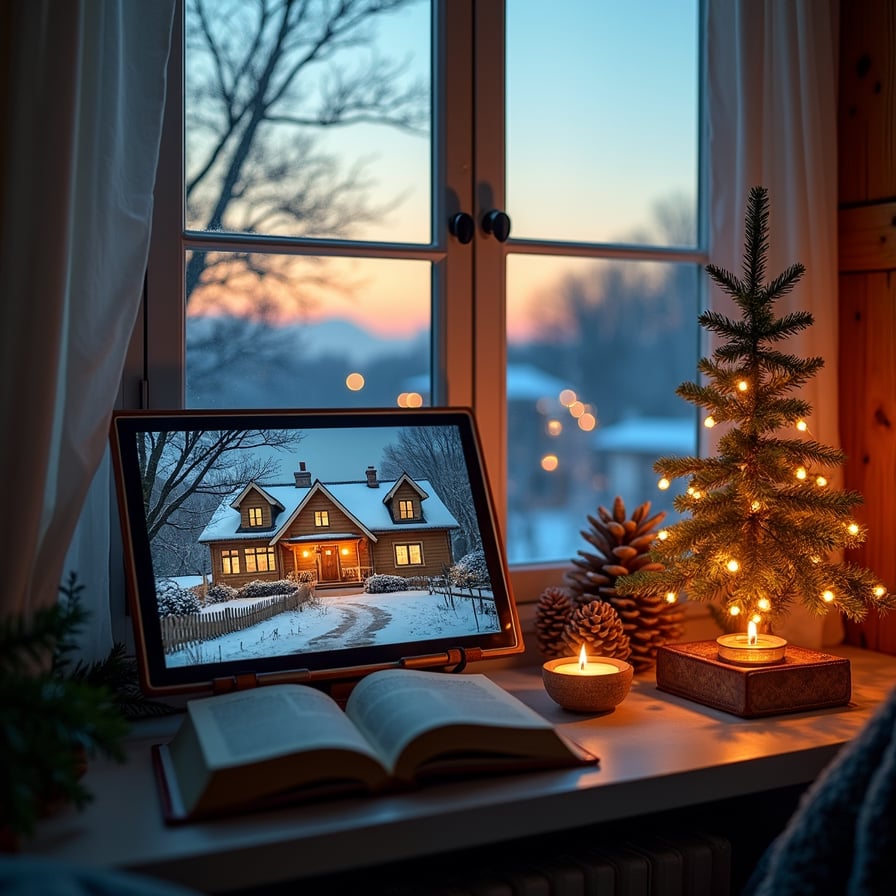 a  digital frame or screen displaying a serene holiday setting—snowy village rooftops at twilight, or a warm reading nook beside a frost-kissed window. The scene should evoke peacefulness, enhancing the intangible nature of the digital gift."
