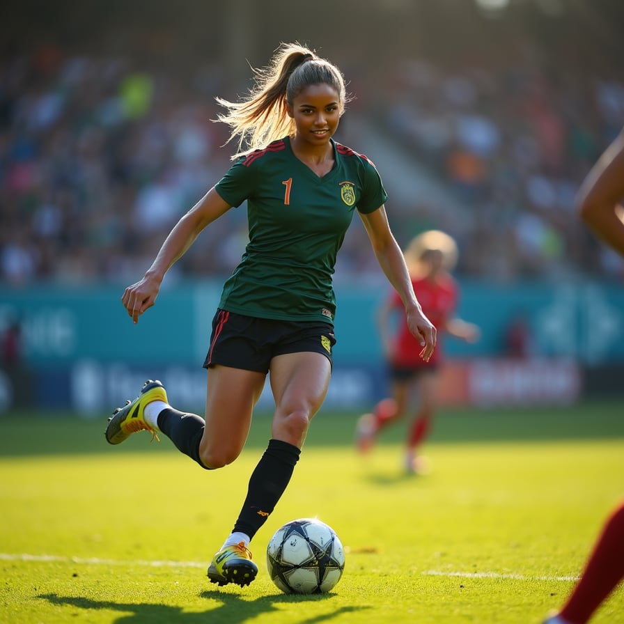 woman in dynamic action, tackling and dribbling a football away from an opponent, wearing a sleek athletic jersey and shorts, under the bright lights of a stadium, with a blurred background of cheering fans and lush green grass.