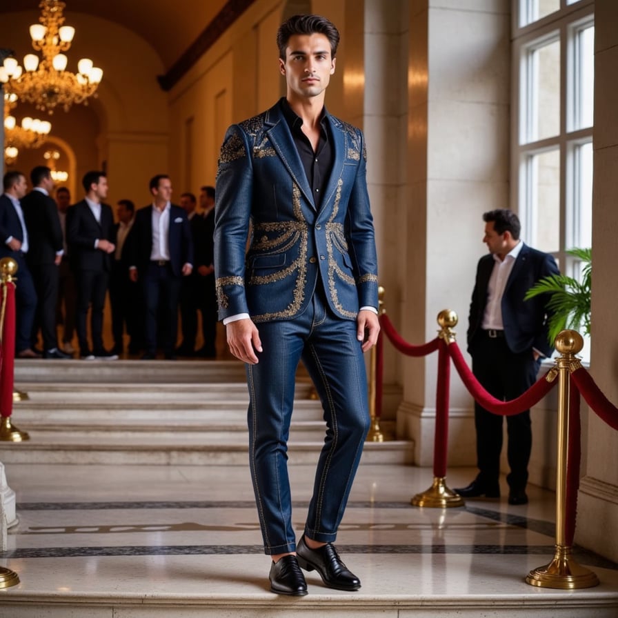 A sustainable couture outfit for a man made entirely of upcycled denim, glass shards, and recycled metal, with street-style edge and red carpet glam