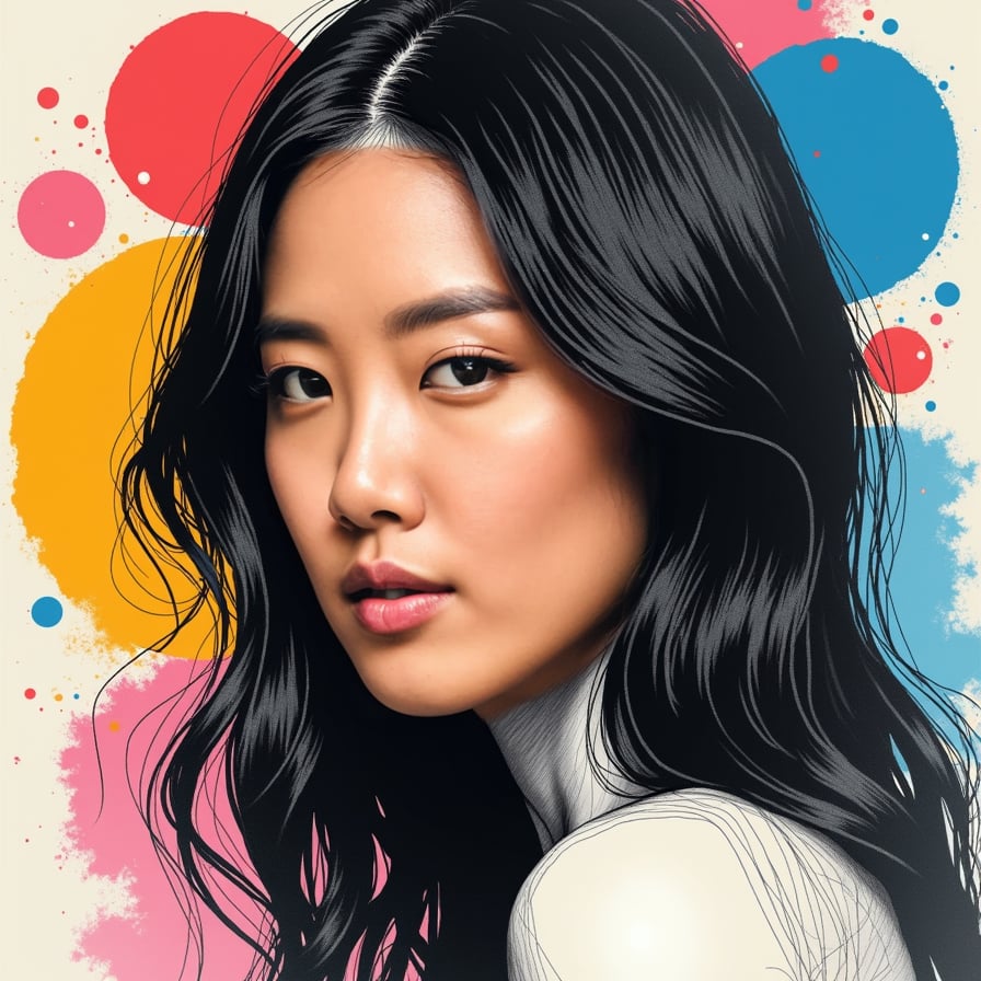 Expressive sketch character, vivid hues, textured lines, and artistic flair.