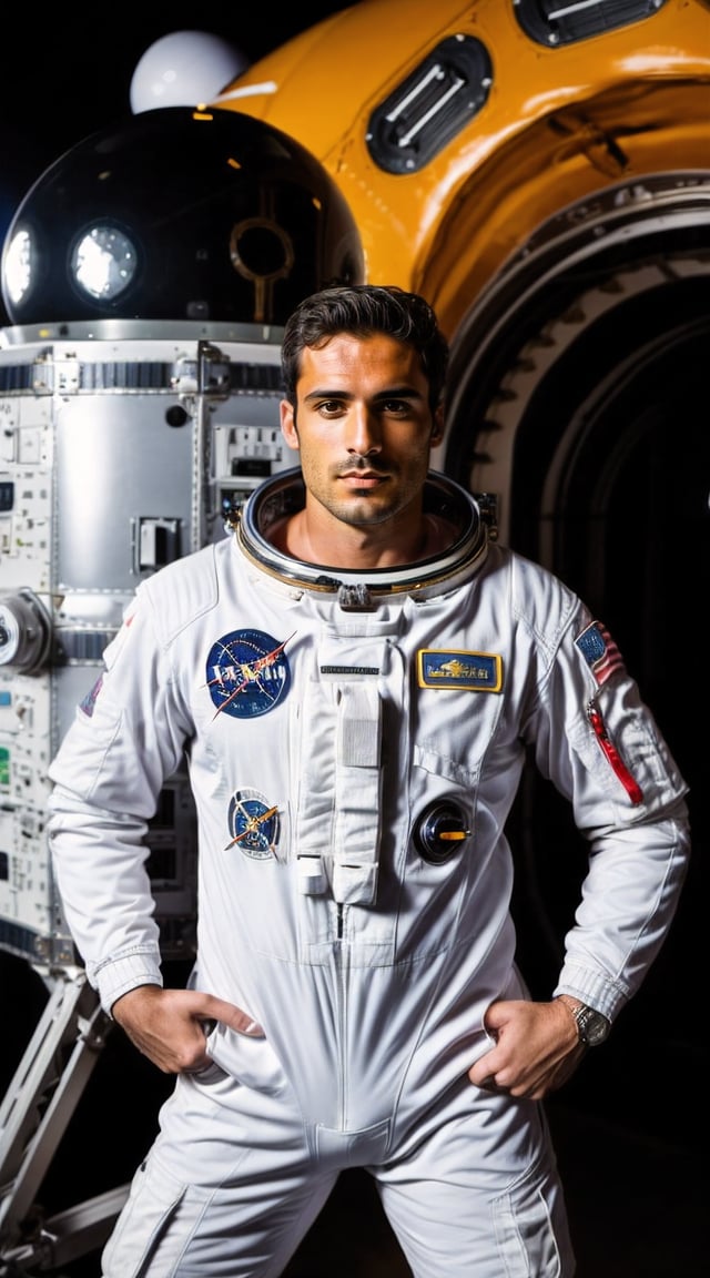 Heroic astronaut in spacesuit, vibrant lighting, tech-inspired backdrop.