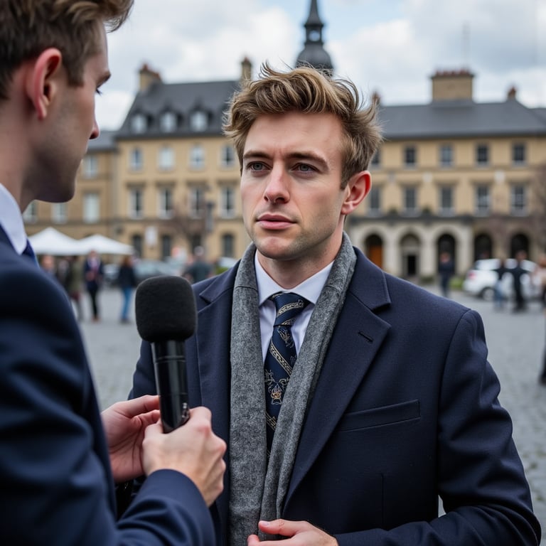 Highly realistic, highly detailed HDR image of a man journalist in a dark wool o