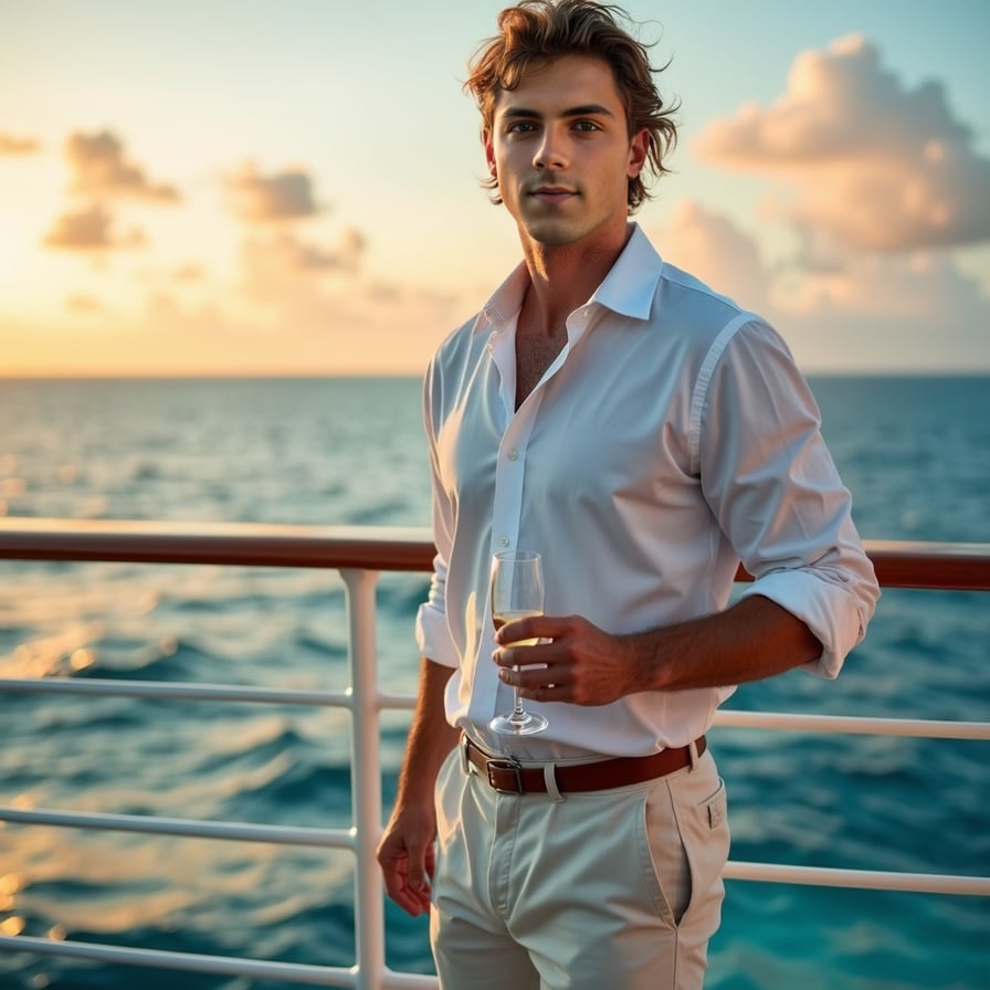 Fitness on Deck: The model is in activewear, engaged in a workout session on the ship’s sports deck or fitness center. he’s performing an exercise or stretching with the ocean in the background, showcasing a blend of fitness and luxury.