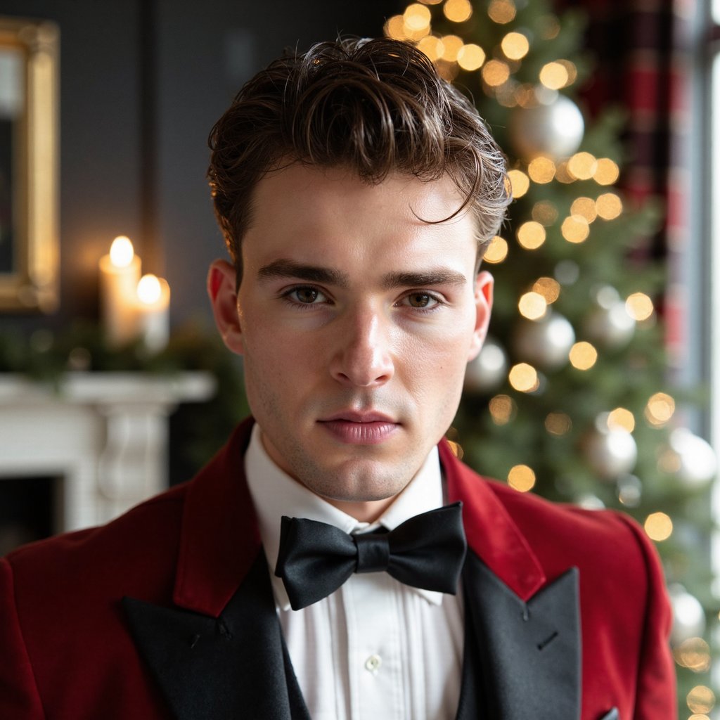 Headshot of a man in tuxedo (shawl-collar velvet dinner jacket, crisp pleated shirt, satin bow tie). Hairstyle: classic taper, slight quiff; clean shave. Fabric details: velvet nap, satin lapel reflection, micro-pleats. Camera: eye-level, 105mm macro-leaning portrait for extreme texture fidelity, f/2.0. Lighting: soft directional key (large softbox or window) + faint practical back glow from the tree for hairline separation. Background: blurred Christmas tree with crystal and glass ornaments, warm golden fairy lights; no extra props. Pose: chin slightly down, eyes centered, confident but soft gaze. Render: highly detailed, highly realistic, HDR; precise lapel edge and shirt pleat definition; natural skin pores.