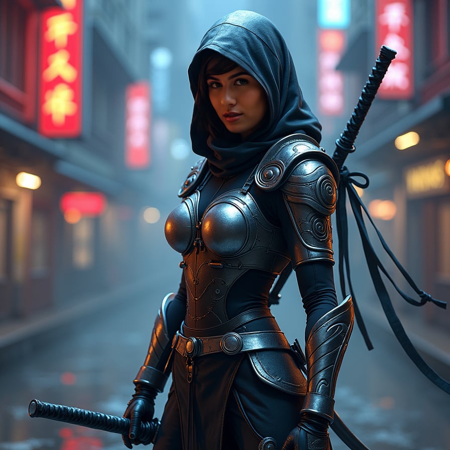 woman in unique ninja style, wearing a futuristic  silver armor, adorned with intricate, Japanese-inspired designs, holding a pair of razor-sharp katanas, standing in a misty, neon-lit cityscape at night