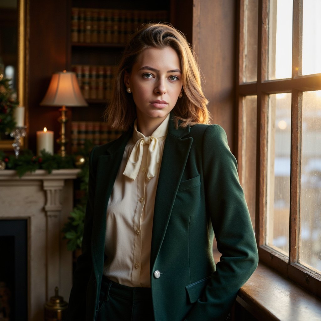 A refined woman by a tall arched window, bathed in warm golden-hour sunlight; soft shadows contour her face. Hairstyle: side-parted, soft low curls tucked behind one ear. Attire: cream silk blouse with a high neck bow, deep forest-green velvet blazer. Fabric details: lustrous silk sheen, subtle velvet texture catching light at lapels. Camera: eye-level, 85mm, f/1.6 for smooth background blur. Lighting: warm sun rim through window glass + faint ambient fill from the room. Background: blurred library shelves with aged books, a small brass lamp, subtle festive garland; minimal elements. Pose: chin slightly lifted, relaxed confidence. Render: highly detailed, highly realistic, HDR; visible hair strands, fabric grain, skin pores.