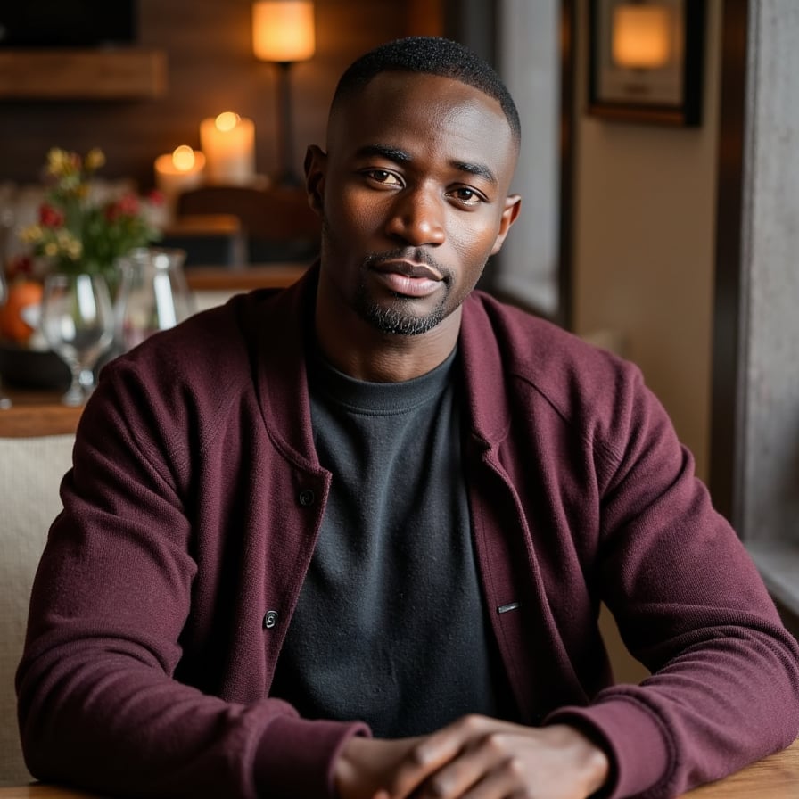 Hyperrealistic, highly detailed, HDR waist-up portrait of a man (male, ~40 yrs) indoors in a warmly lit dining space. Camera eye-level, straight-on. He wears a deep charcoal henley layered under a dark maroon wool cardigan with button detail. Short dark hair with a few silver strands, neatly styled. Background softly blurred: dark wood panels and subtle candle bokeh, faint reflections on glassware. Lighting warm and directional — candlelight from lower left adds gentle upward highlights on his face and collarbones. Visible details: fine beard texture, micro-shadows across the face, sweater’s dense weave, reflections in eyes. Mood cinematic, intimate Thanksgiving warmth. HDR, high resolution, high quality, highly detailed, photorealistic.
