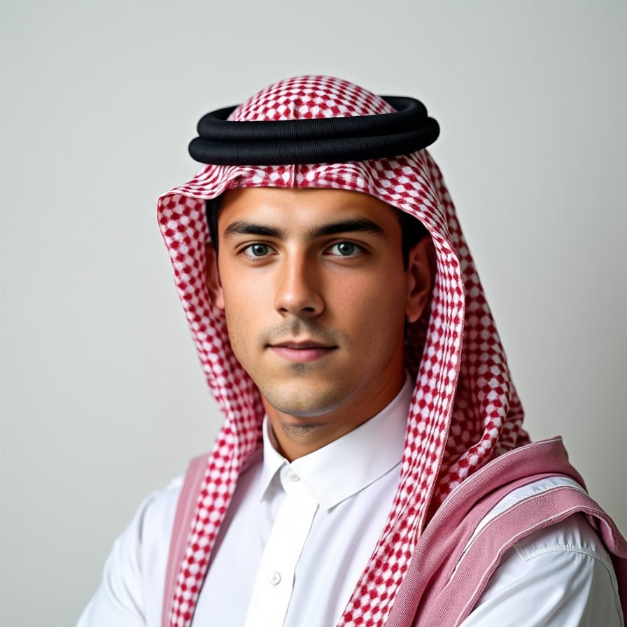 A passport-size photo of a person wearing a traditional thobe and keffiyeh, adhering to cultural norms. The background is plain and light-colored, with balanced lighting and no shadows. The individual is centered and has a neutral expression
