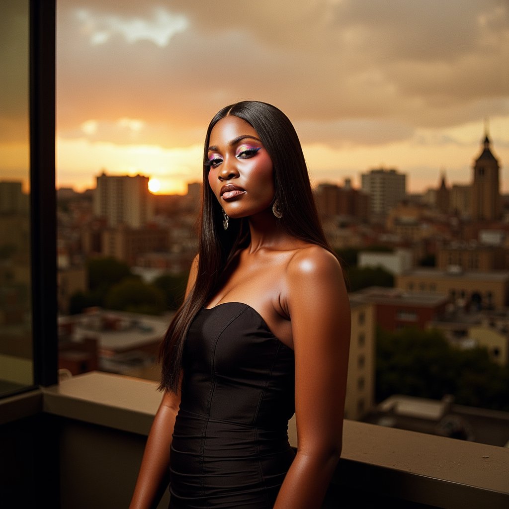 woman wearing a sleek, high-fashion gown, her gaze directed slightly above the camera. Dramatic lighting casts deep shadows and highlights on her face and gown. Behind her, a cityscape bathed in golden sunset hues contrasts with her elegant and mysterious presence. Her long, straight hair frames her face. Her makeup features striking rainbow eyeliner, glossy nude lips, and a dewy foundation, giving her skin a visible glow. She maintains a calm expression with a direct gaze.