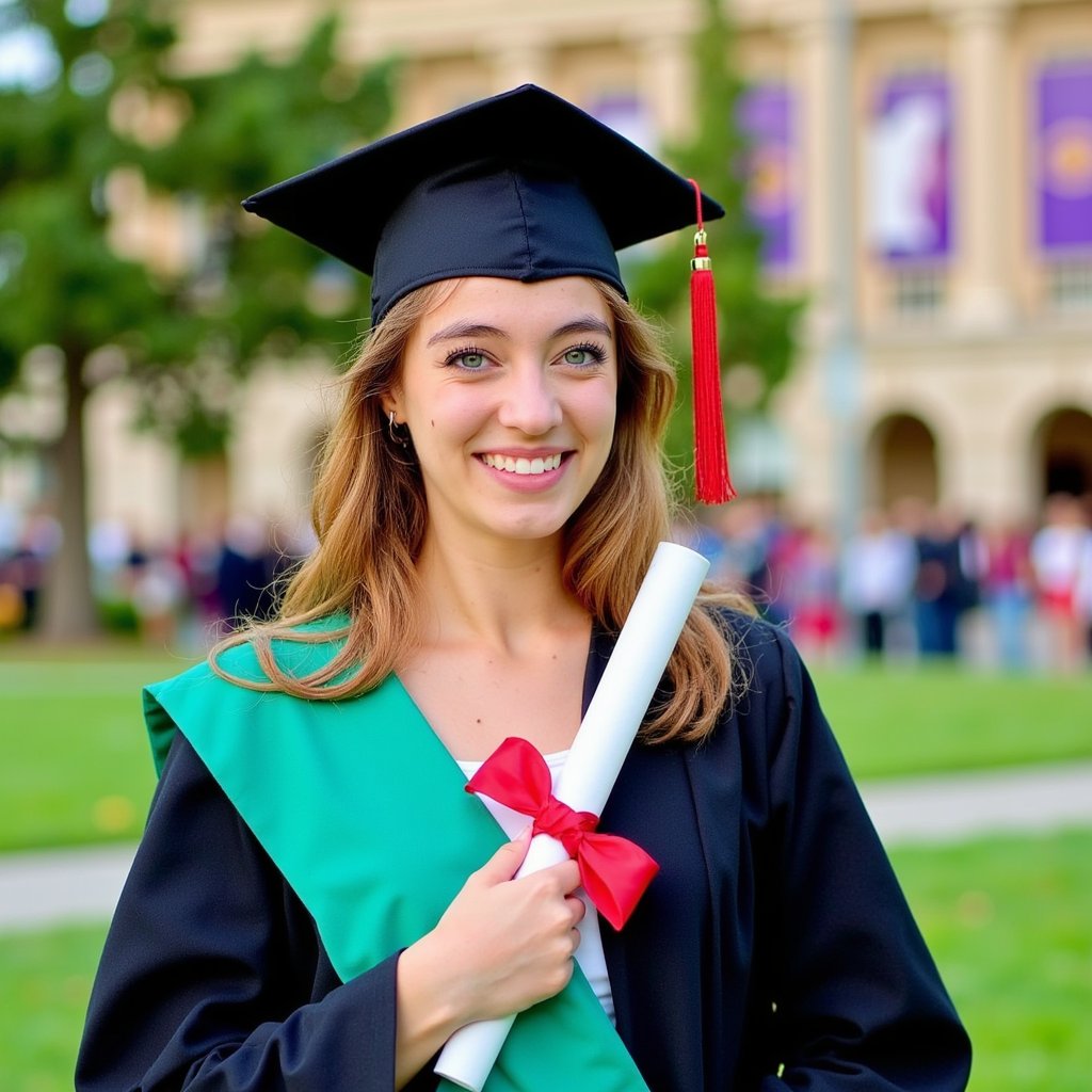 Waist-up portrait of a woman graduate standing on a campus lawn holding her rolled diploma tied with a red ribbon near her chest, expression proud and serene; wearing a black matte gown with emerald satin stole, mortarboard angled slightly forward; shoulder-length layered hair softly curled at ends, natural makeup with pink undertones; camera at eye level, 85 mm lens, f/2, ISO 100; lighting: soft diffused daylight from light overcast, subtle rim light behind; background: blurred university building with faint banners, green grass foreground slightly out of focus; cloth textures crisp, fibers of the ribbon visible, skin tone even, highly detailed, highly realistic, HDR.