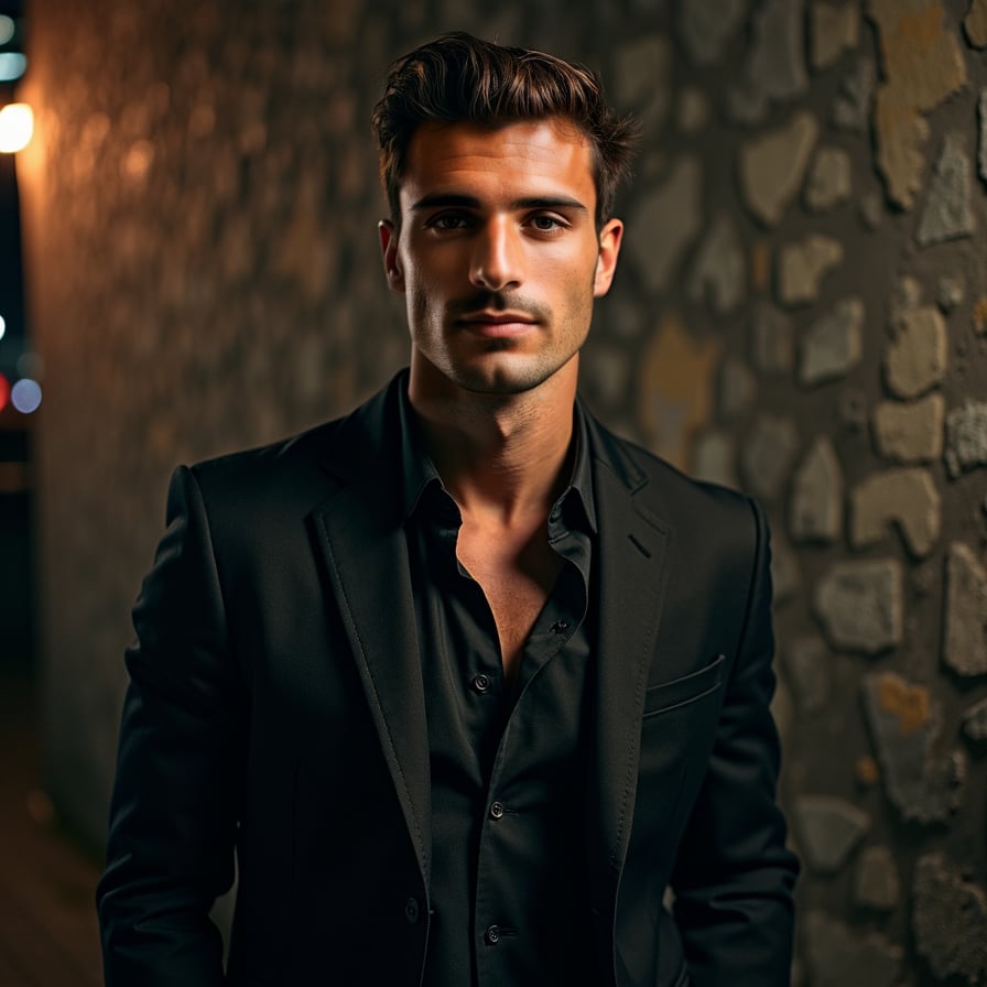 man with a confident, subtle smile. He is styled in dark, sleek clothing, with dramatic lighting highlighting his features. The background is moody, like a dimly lit urban street or an abstract textured wall, evoking intrigue and allure