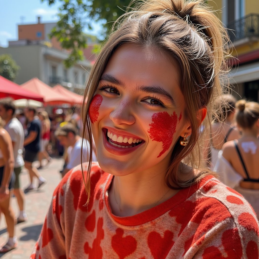 Headshot of a playful woman winking with tomato sauce smeared across one cheek, messy ponytail, red-stained festival shirt, pure La Tomatina joy