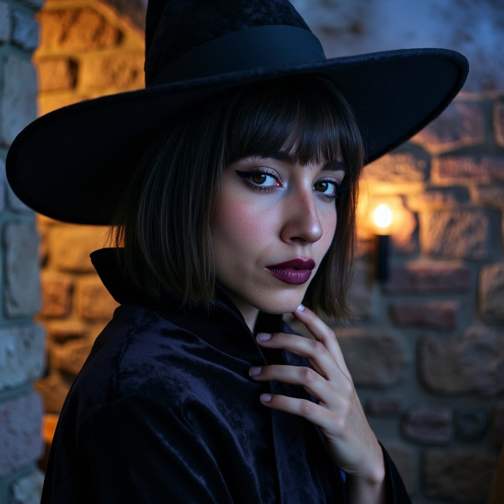 Gender: Female — Extreme close-up portrait of a witch-in-training; glossy black bob with blunt bangs tucked behind one ear, wisps of baby hair visible; skin texture shows fine pores, subtle peach fuzz, faint freckling over the nose; deep plum lipstick with micro-cracking; attire hints: charcoal felt witch hat edge and collar of matte velvet cloak with short pile and soft lint; camera angle eye-level, 85mm lens at f/1.8, ISO 200, 1/200s for shallow bokeh; lighting is moody Rembrandt with a cool blue moonlight rim from camera-left and a warm candle kicker from below; pose: chin slightly down, eyes up toward camera; background: blurred stone wall with faint spiderweb lines and a single out-of-focus candle—minimal clutter; highly detailed, highly realistic, HDR.