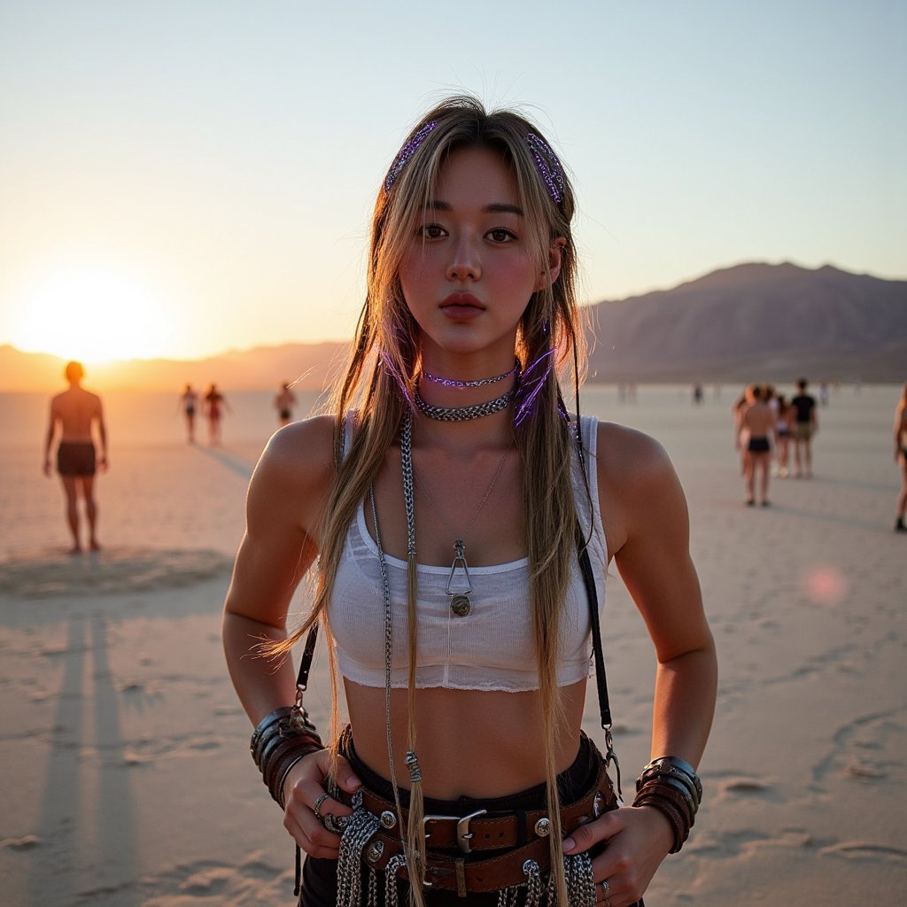 Portrait of a woman wearing luminous fiber-optic strands in her hair, glowing softly at dusk in the open desert, layered bohemian outfit, Burning Man vibe”
