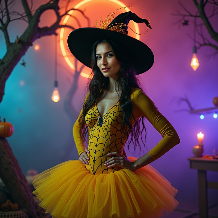 Here is a Stable Diffusion prompt for a unique Halloween outfit:

"woman in a yellow whimsical, avant-garde Halloween costume, featuring an intricately designed, oversized spider web-inspired tutu, a fitted, long-sleeved top with iridescent, holographic fabric, and a surreal, glowing halo headpiece with fluttering, delicate tendrils, set against a dramatic, dimly lit, fog-shrouded backdrop with twisted, gnarled tree branches and flickering candlelight, capturing the essence of a haunting, otherworldly Halloween spirit"