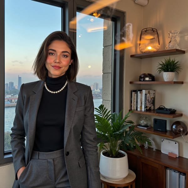 Close-up shot of a female attorney’s reflection in her office window, city skyline behind her. Wearing a black turtleneck with pearl necklace, hair in a short bob. Soft twilight lighting from the city’s glow. Shot using a 50mm lens through the glass for double exposure effect, strong detail on jewelry and reflections, soft ambient shadows.