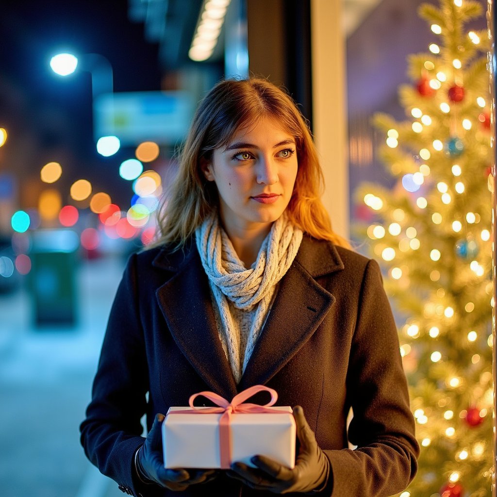 close up of a woman in a tailored winter coat with a soft scarf and gloves, standing on a snowy street lined with subtle holiday lights. she holds a neatly wrapped gift box in both hands at chest height, looking slightly off-camera with a soft, hopeful expression. behind her, a shop window reveals a decorated christmas tree glowing warmly, its fairy lights and ornaments softly blurred. snowflakes are frozen mid-air around her, some catching light from nearby street lamps. the color palette blends cool blue tones from the winter night with warm golden reflections from the shop and tree, creating a strong christmas contrast. cinematic street portrait framing, ultra-detailed fabric textures, skin, and snow, highly realistic, hdr.