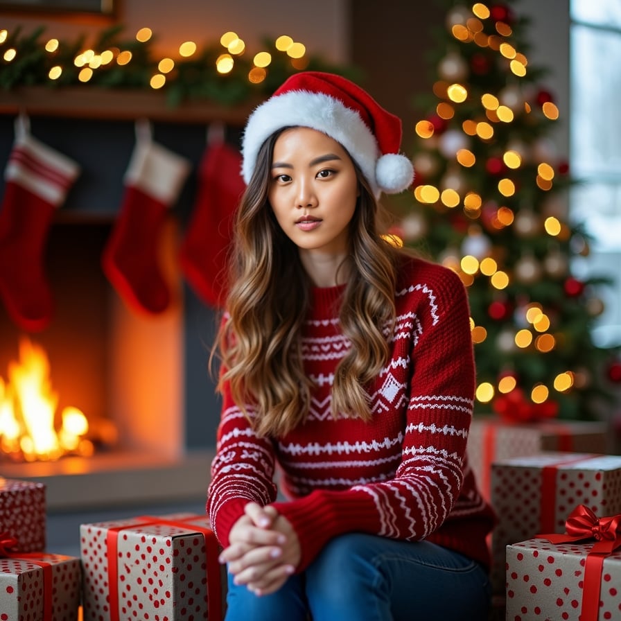 A cheerful woman wearing a cozy knit sweater and Santa hat sits by a roaring fireplace, surrounded by gift-wrapped boxes. The background features stockings hung on the mantle and a twinkling Christmas tree